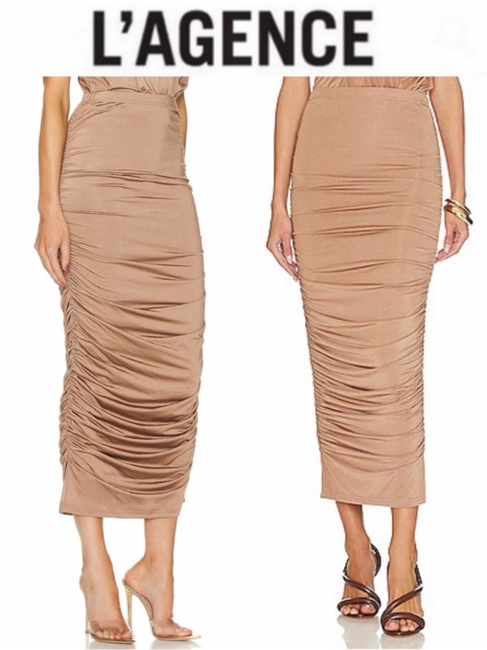 L'AGENCE Otis Rusched Pencil Skirt Camel Midi Sz S NWT $325